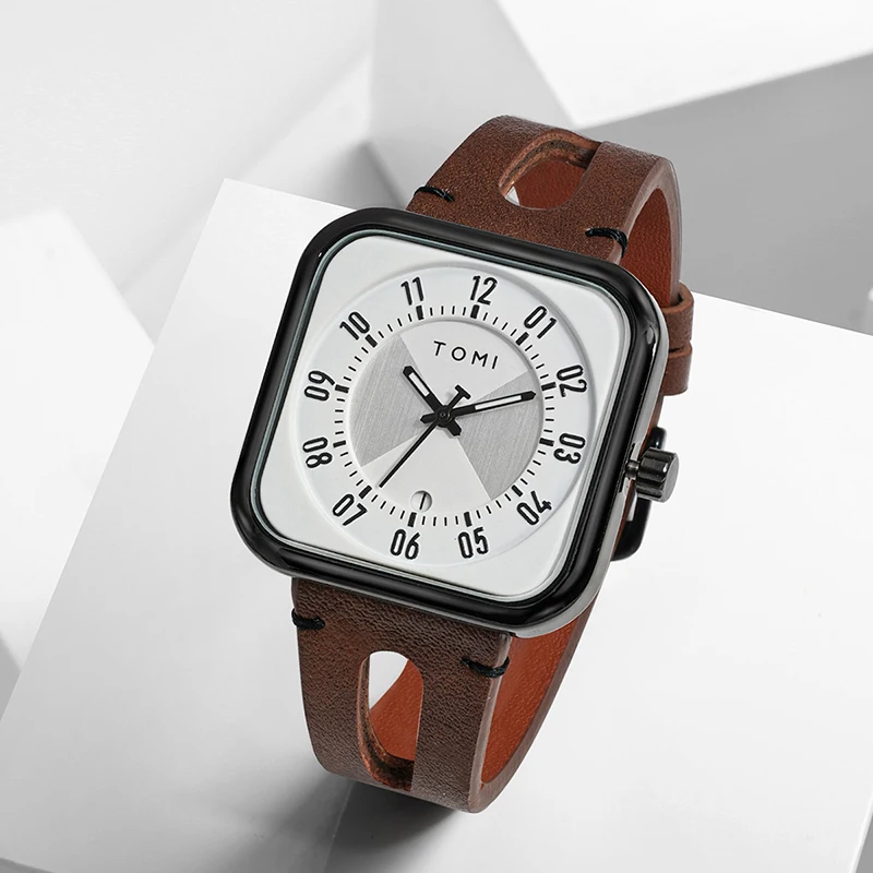 Montre Homme Quartz Date Carrée Cuir PU Aiguilles Tomi – Image 4