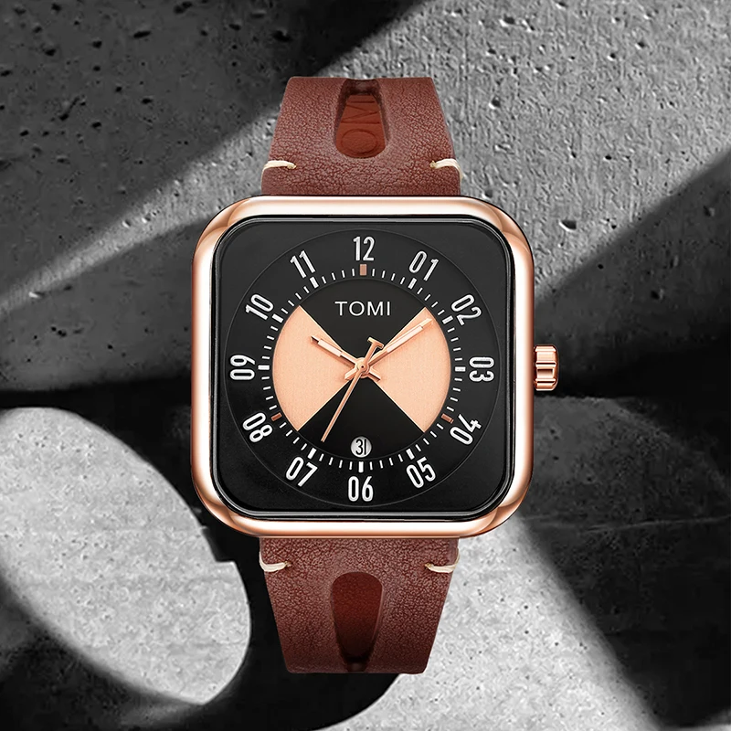 Montre Homme Quartz Date Carrée Cuir PU Aiguilles Tomi – Image 2