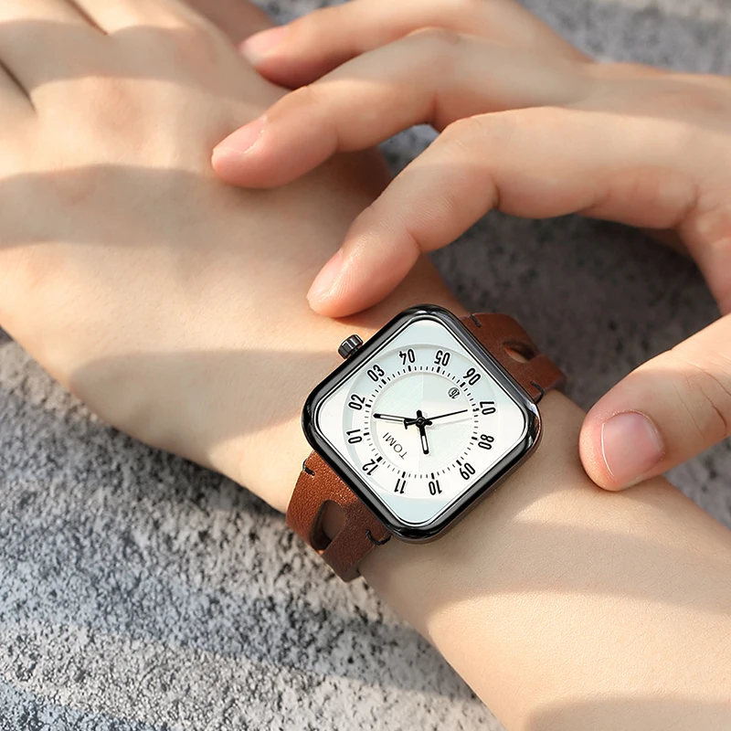 Montre Homme Quartz Date Carrée Cuir PU Aiguilles Tomi – Image 5