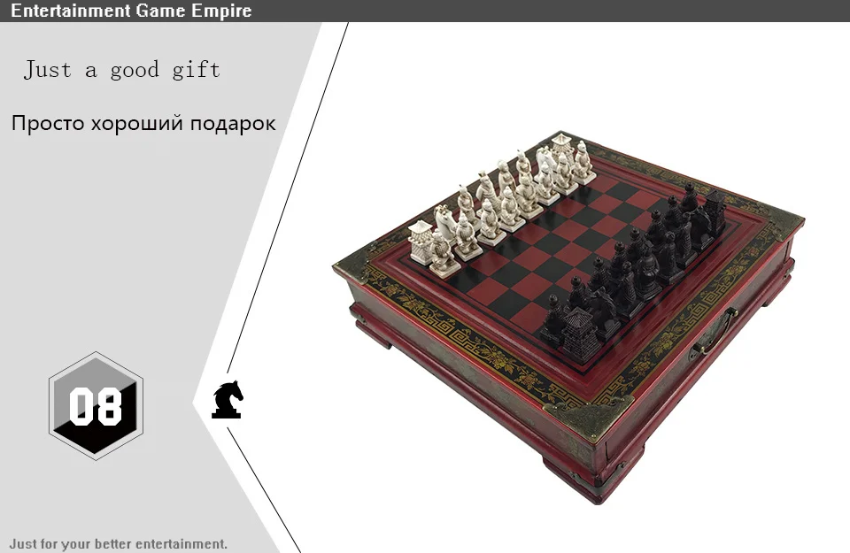 Collection Vintage d\'échecs 26x26cm(10.24 pouces), guerriers en terre cuite, sculpture sur bois, résine, noël, anniversaire, Premium