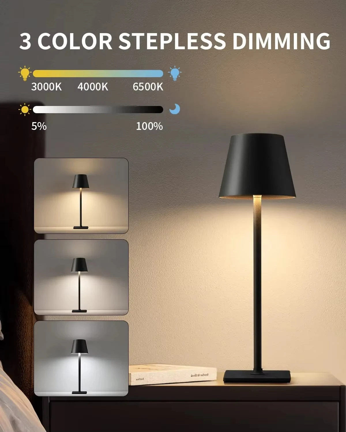 Lampe LED Déco Table Salon Bureau Sans Fil Tactile Rechargeable USB C Abat-Jour – Image 3