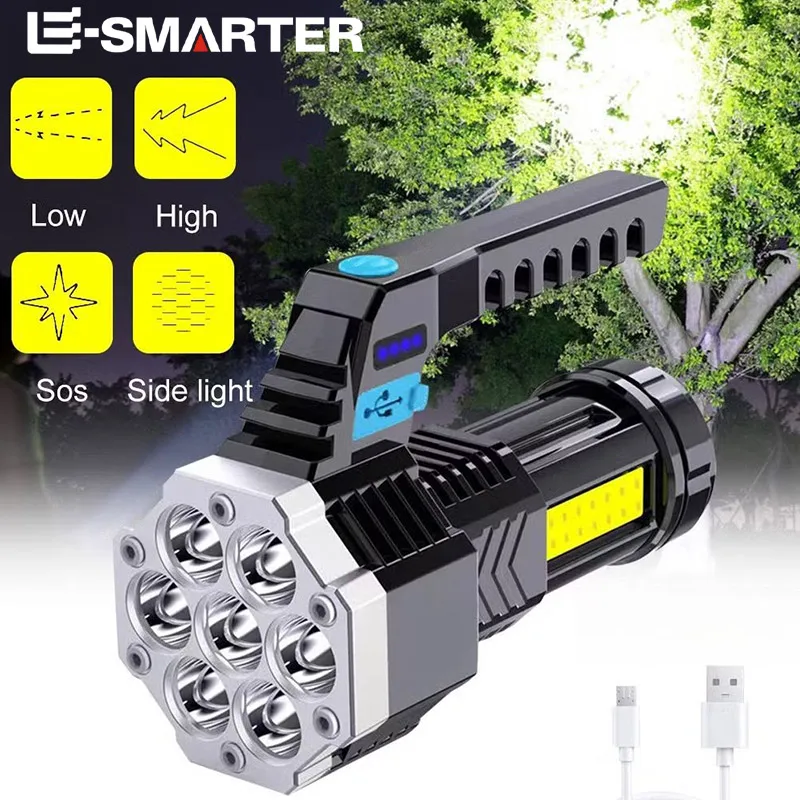 Lampe Torche 7 LED Rechargeable 2 Eclairages COB Latérale USB Camping Randonnées