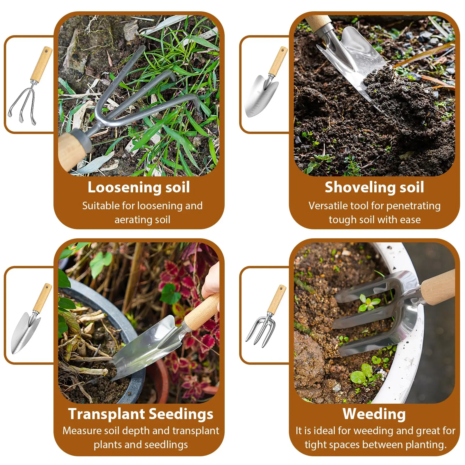 Ensemble d'outils de jardinage en acier inoxydable avec manche en bois, désherbeur de jardin, 9 pièces Ensemble d'outils de jardinage en acier inoxydable avec manche en bois, désherbeur de jardin, 9 pièces