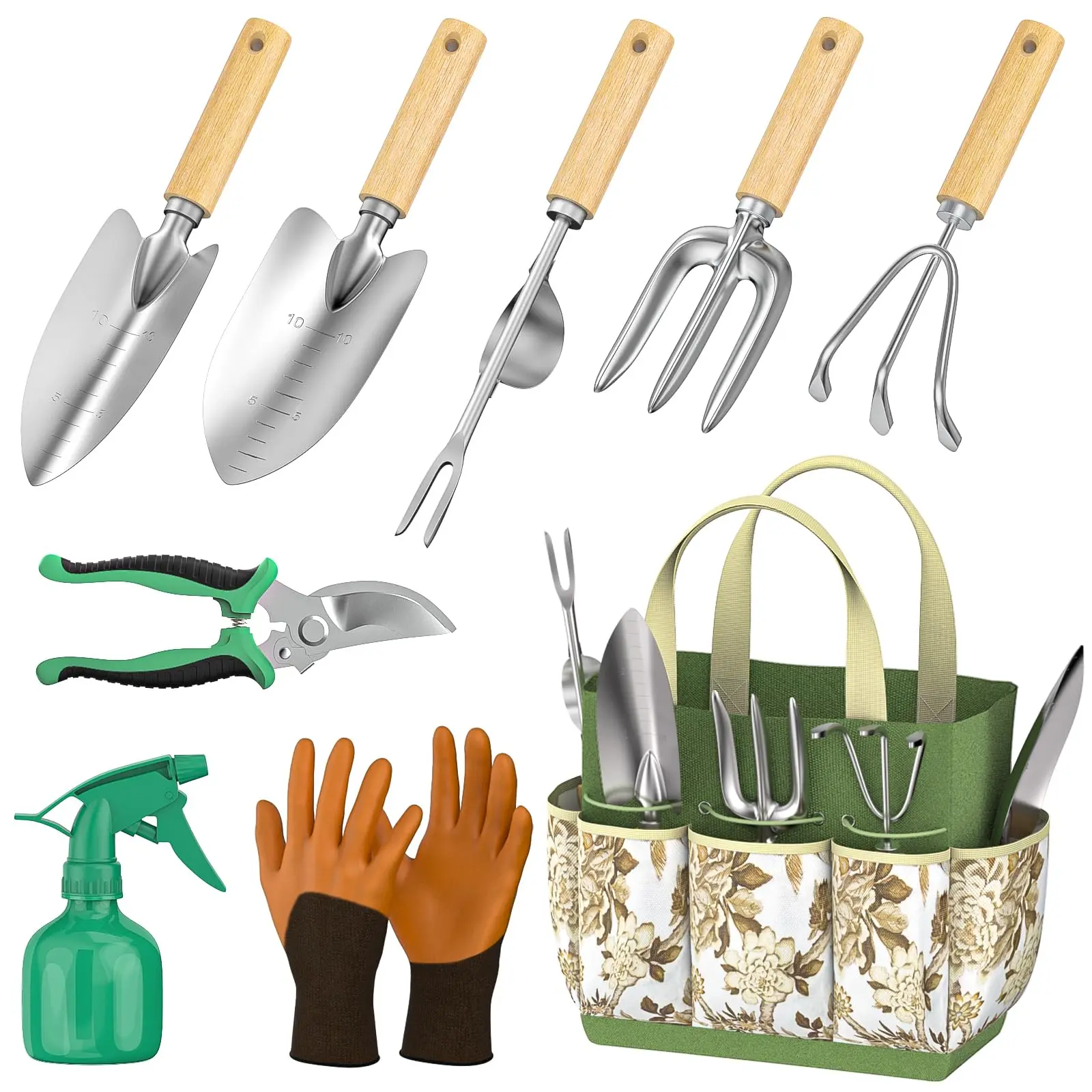 Ensemble d'outils de jardinage en acier inoxydable avec manche en bois, désherbeur de jardin, 9 pièces Ensemble d'outils de jardinage en acier inoxydable avec manche en bois, désherbeur de jardin, 9 pièces