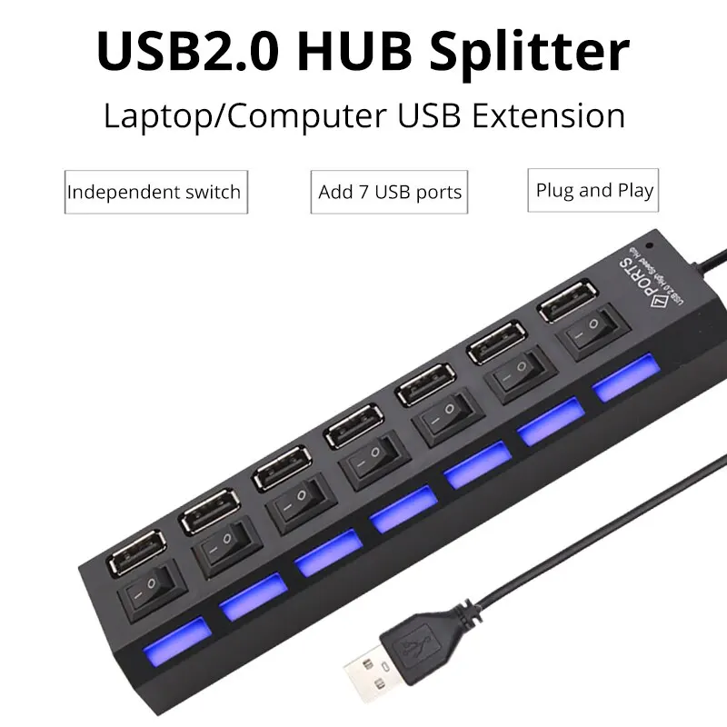 Commutateur d'extension de concentrateur USB, 7 ports, USB 2.0, ordinateur, One Drag Seven Splitter, PC, ordinateur portable, ordinateur de bureau