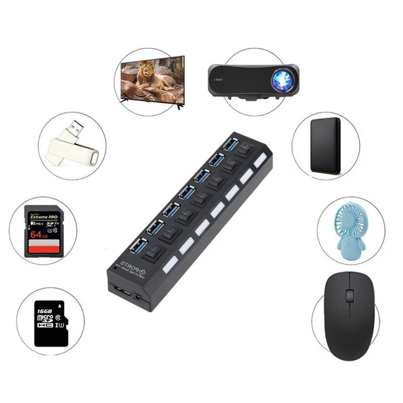 Hub Splitter USB 3.0 7 Ports Interrupteur MacBook Pro Air PC Portable Apple Alim – Image 4