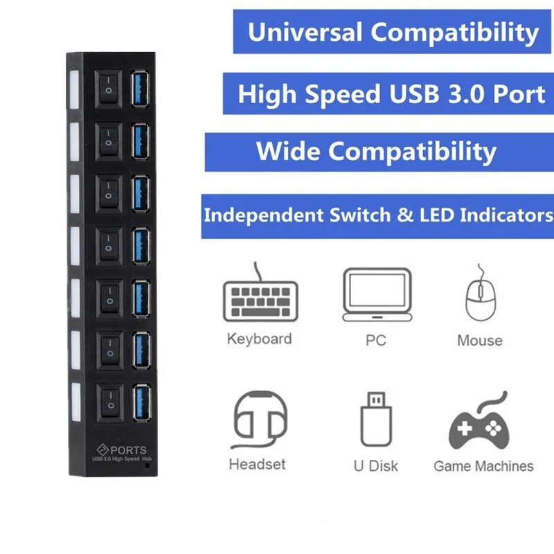 Hub Splitter USB 3.0 7 Ports Interrupteur MacBook Pro Air PC Portable Apple Alim – Image 3