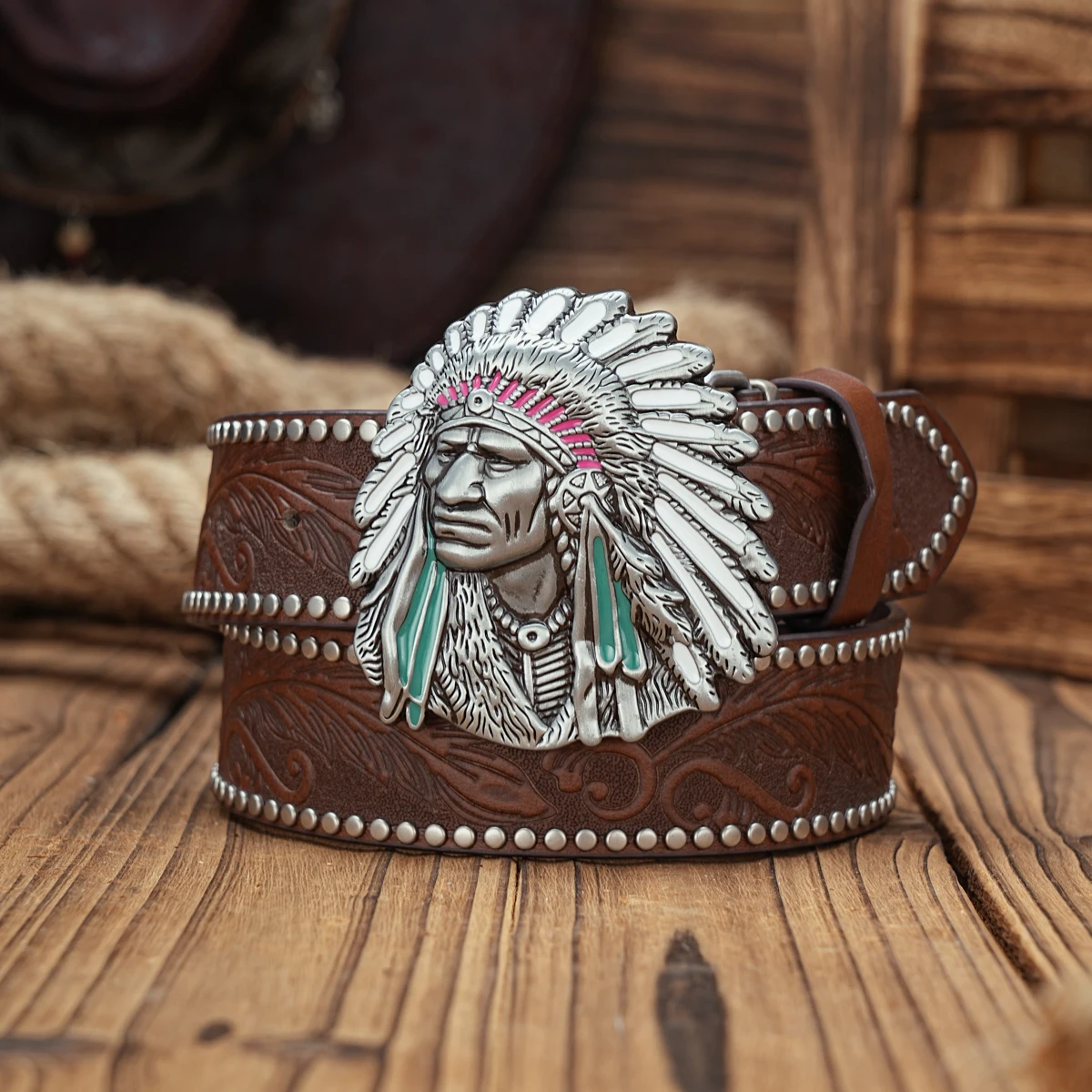 Ceinture Cuir PU Homme Femme Noir 120cm Chef Indien Western Cowboy Vintage