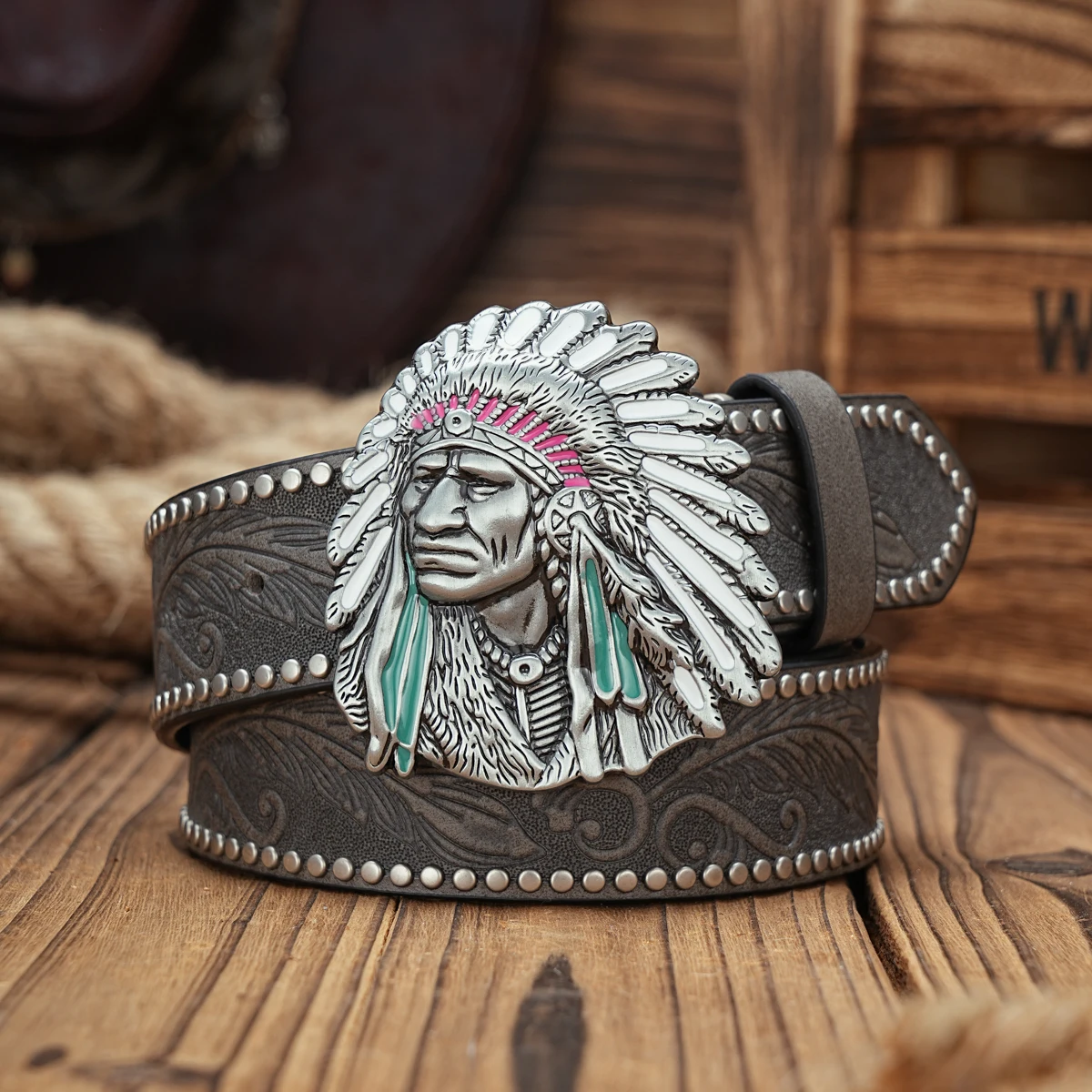 Ceinture Cuir PU Homme Femme Noir 120cm Chef Indien Western Cowboy Vintage – Image 4