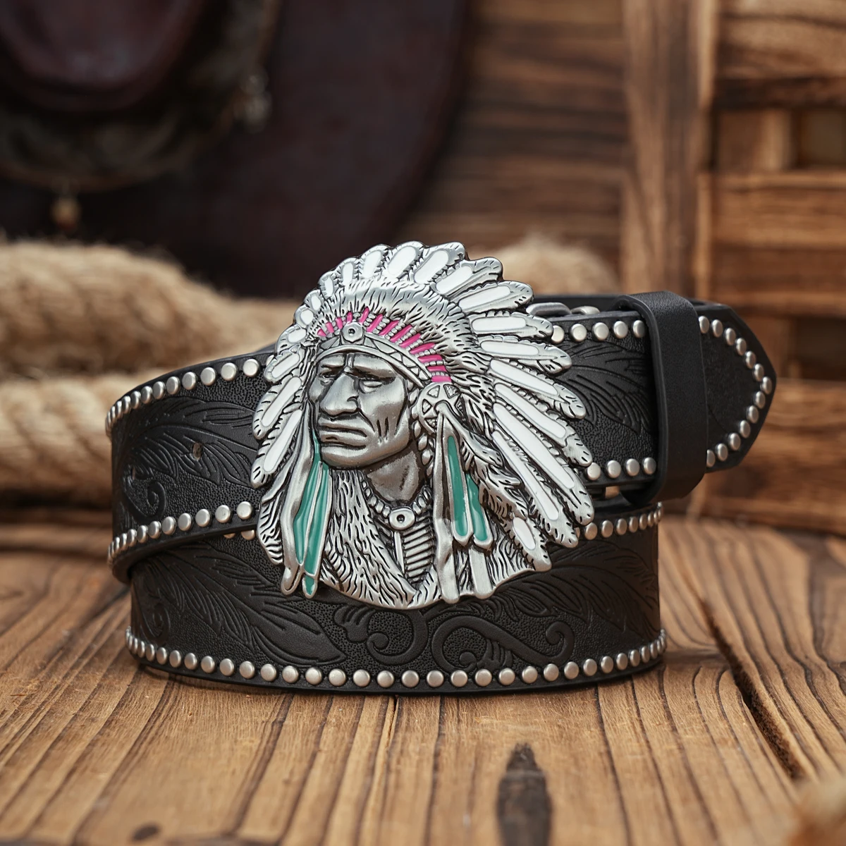 Ceinture Cuir PU Homme Femme Noir 120cm Chef Indien Western Cowboy Vintage – Image 2