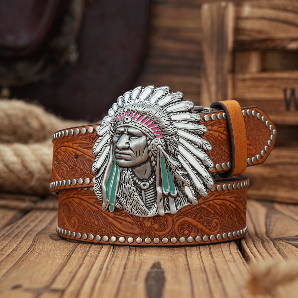 Ceinture Cuir PU Homme Femme Noir 120cm Chef Indien Western Cowboy Vintage – Image 3