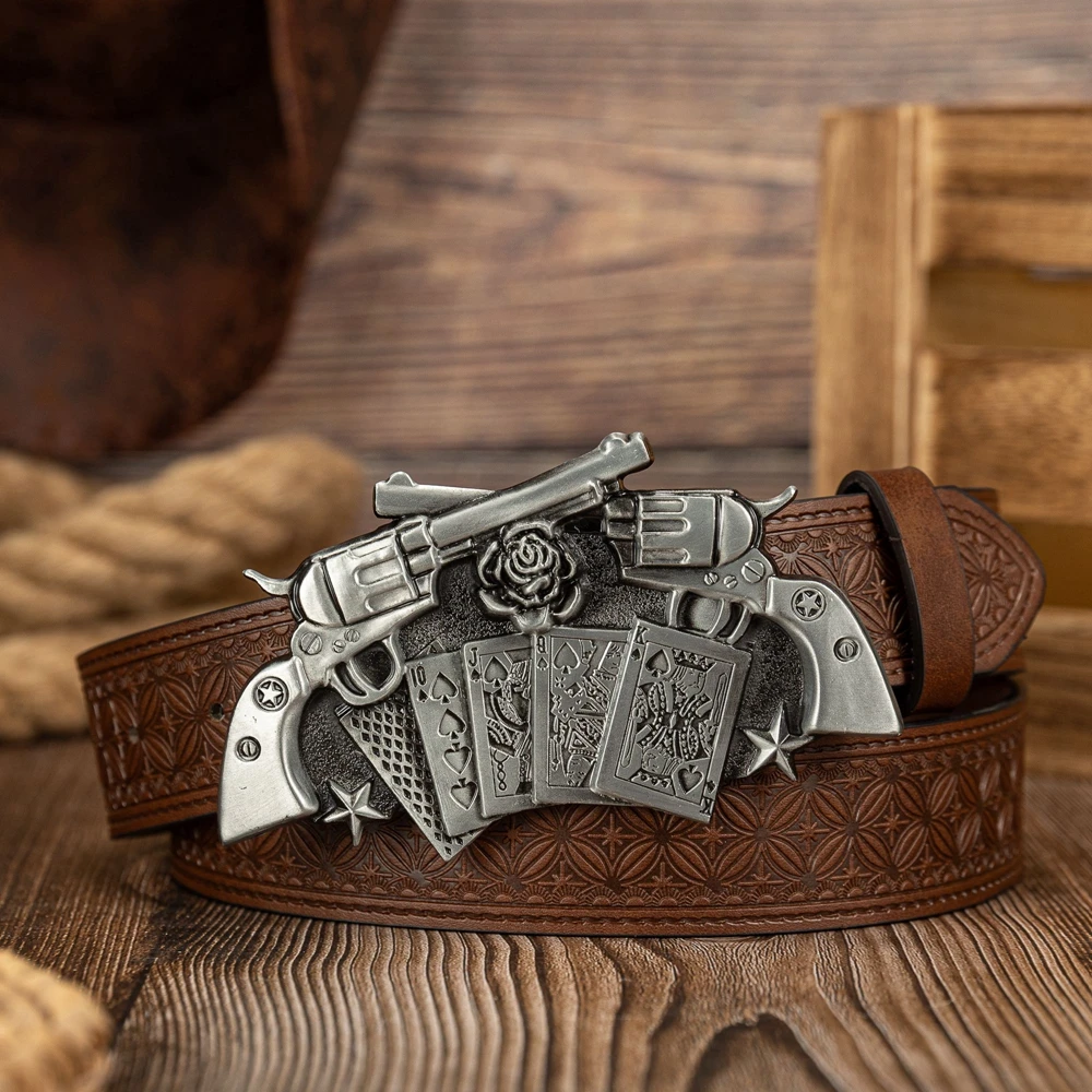 Ceinture Cuir PU Homme Noir 120cm Pistolet Gun Cowboy Western Colt Marron Poker – Image 5