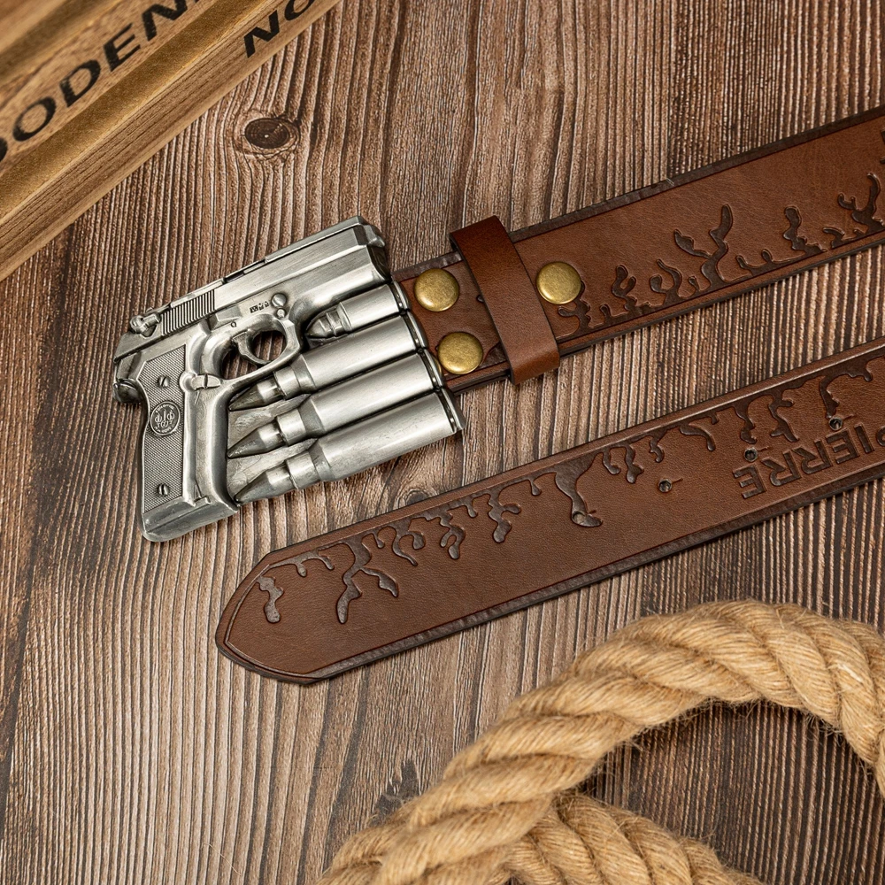 Ceinture Cuir PU Homme Noir 120cm Pistolet Gun Cowboy Western Colt Marron Poker – Image 3