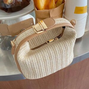 Sac à Main Femme Blanc Paille Tissé Forme de Seau Tendance Mode Eté Parisienne