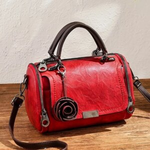 Sac à Main Femme Fleur Attachée Cuir PU Noir Rouge Vert Marron Fermeture Eclair