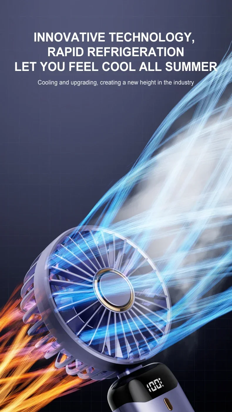 Mini ventilateur portatif pliable de 3000mAh, bureau d\'extérieur suspendu au cou, 5 vitesses, ventilateur Rechargeable par USB, support de téléphone, écran d\'affichage Mini ventilateur portatif pliable de 3000mAh, bureau d\'extérieur suspendu au cou, 5 vitesses, ventilateur Rechargeable par USB, support de téléphone, écran d\'affichage