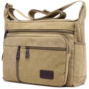 Grand Sac Sacoche Bandoulière Homme Toile Beige Poches Ordinateur Portable iPad