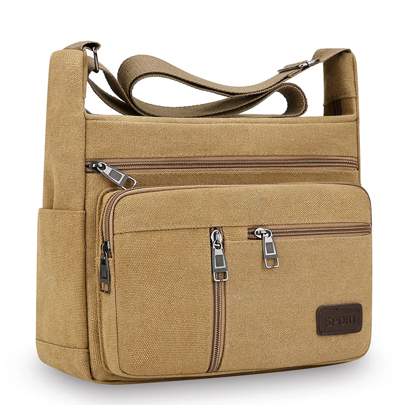 Grand Sac Sacoche Bandoulière Homme Toile Beige Poches Ordinateur Portable iPad