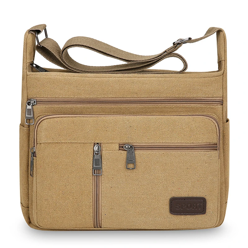 Grand Sac Sacoche Bandoulière Homme Toile Beige Poches Ordinateur Portable iPad