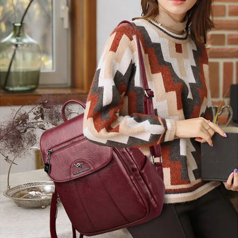 Sac à Dos Pour Femmes Simili Cuir Violet Doré Noir Marron Bleu Plusieurs Poches – Image 5