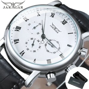 Montre Homme Jaragar Automatique Cuir Véritable 24h Chiffres Romains Date Luxe