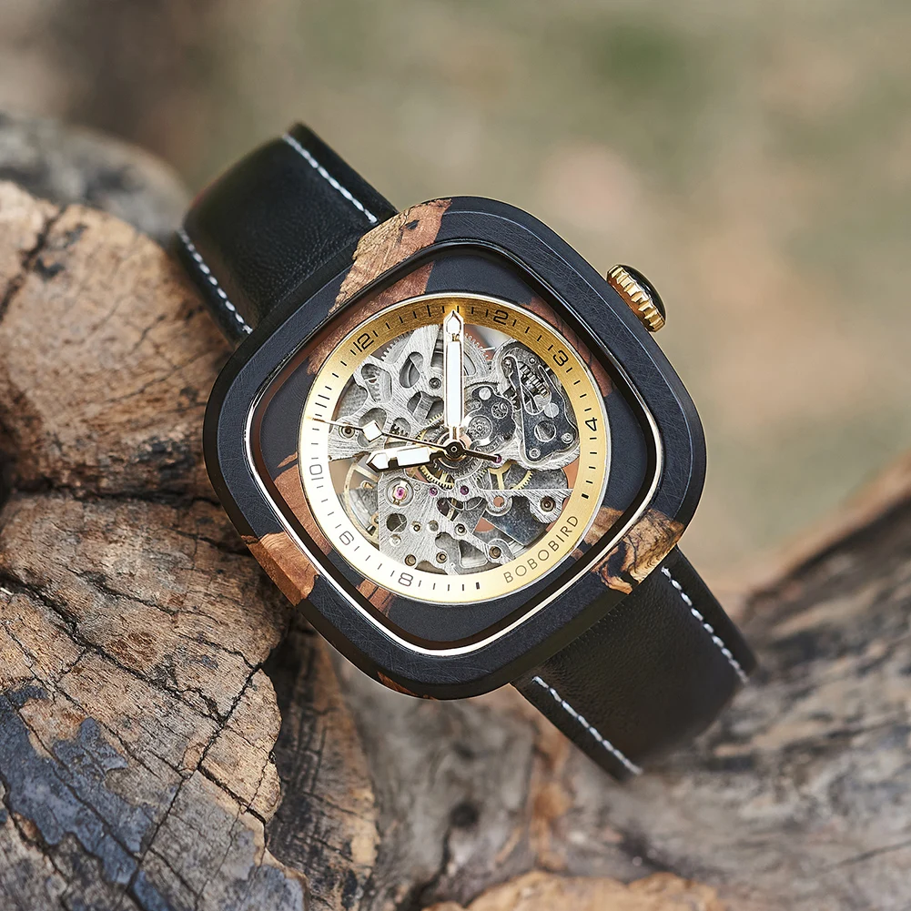 Montre en Bois Homme Squelette Padauk Cuir Véritable Automatique + Boîte en Bois – Image 6