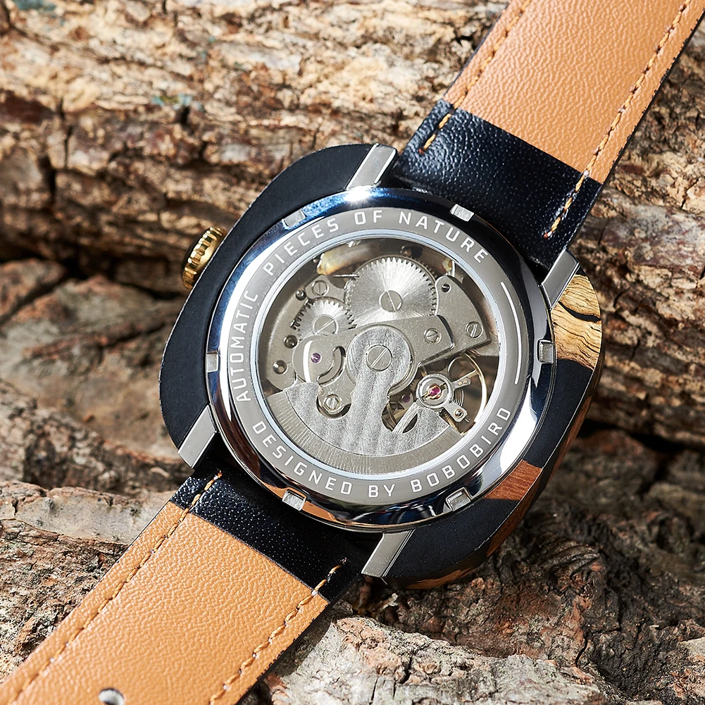 Montre en Bois Homme Squelette Padauk Cuir Véritable Automatique + Boîte en Bois – Image 5