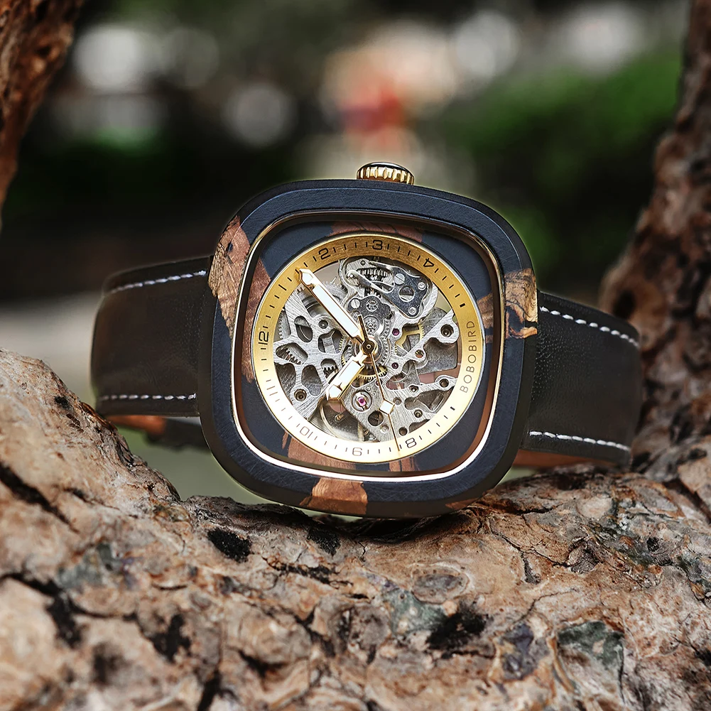 Montre en Bois Homme Squelette Padauk Cuir Véritable Automatique + Boîte en Bois – Image 3