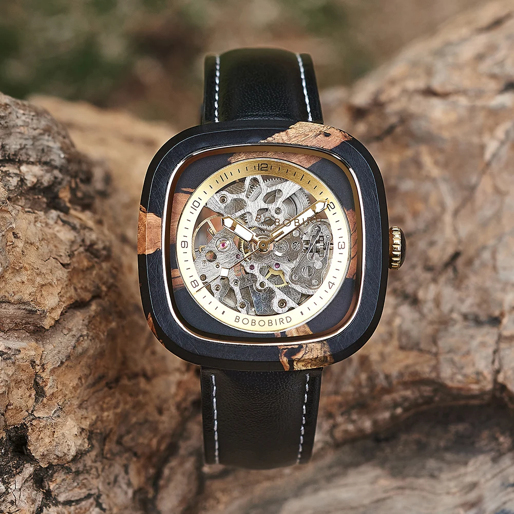 Montre en Bois Homme Squelette Padauk Cuir Véritable Automatique + Boîte en Bois – Image 2