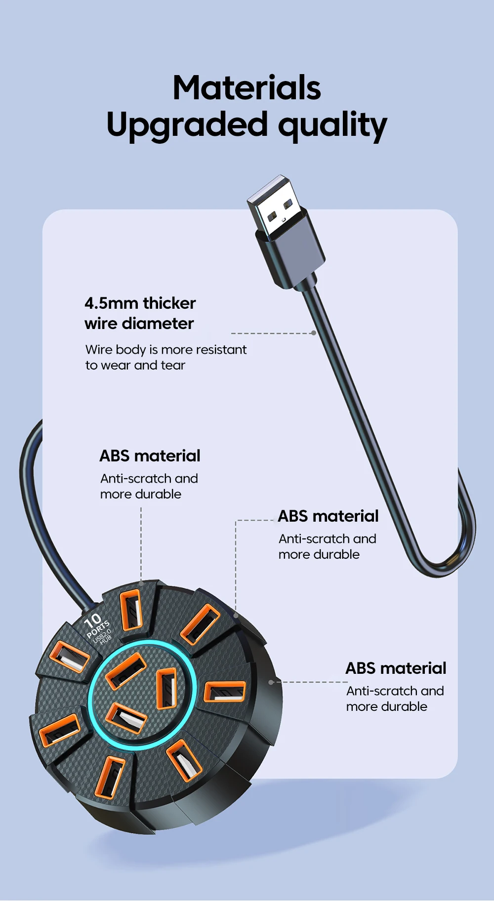 Adaptateur multi-répartiteur Hub USB 2.0, 10 Ports, 5Gbps, haute vitesse, adaptateur d\'alimentation, extenseur Multiple à 7 ports pour PC et ordinateur portable