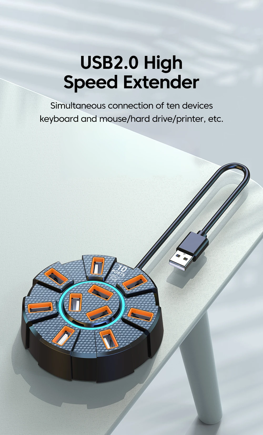 Adaptateur multi-répartiteur Hub USB 2.0, 10 Ports, 5Gbps, haute vitesse, adaptateur d\'alimentation, extenseur Multiple à 7 ports pour PC et ordinateur portable