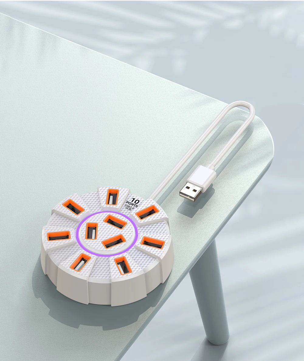 Adaptateur multi-répartiteur Hub USB 2.0, 10 Ports, 5Gbps, haute vitesse, adaptateur d\'alimentation, extenseur Multiple à 7 ports pour PC et ordinateur portable