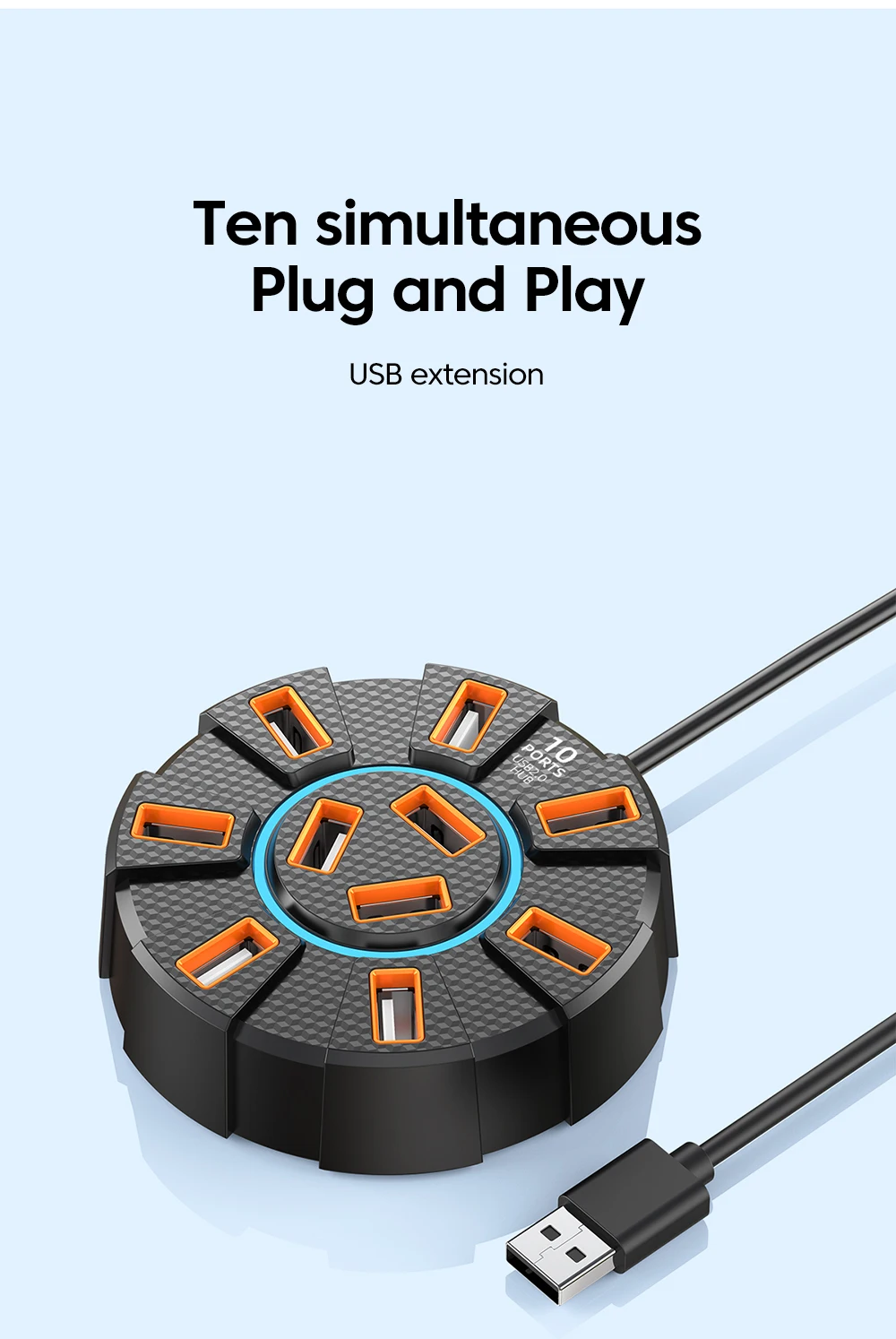 Adaptateur multi-répartiteur Hub USB 2.0, 10 Ports, 5Gbps, haute vitesse, adaptateur d\'alimentation, extenseur Multiple à 7 ports pour PC et ordinateur portable