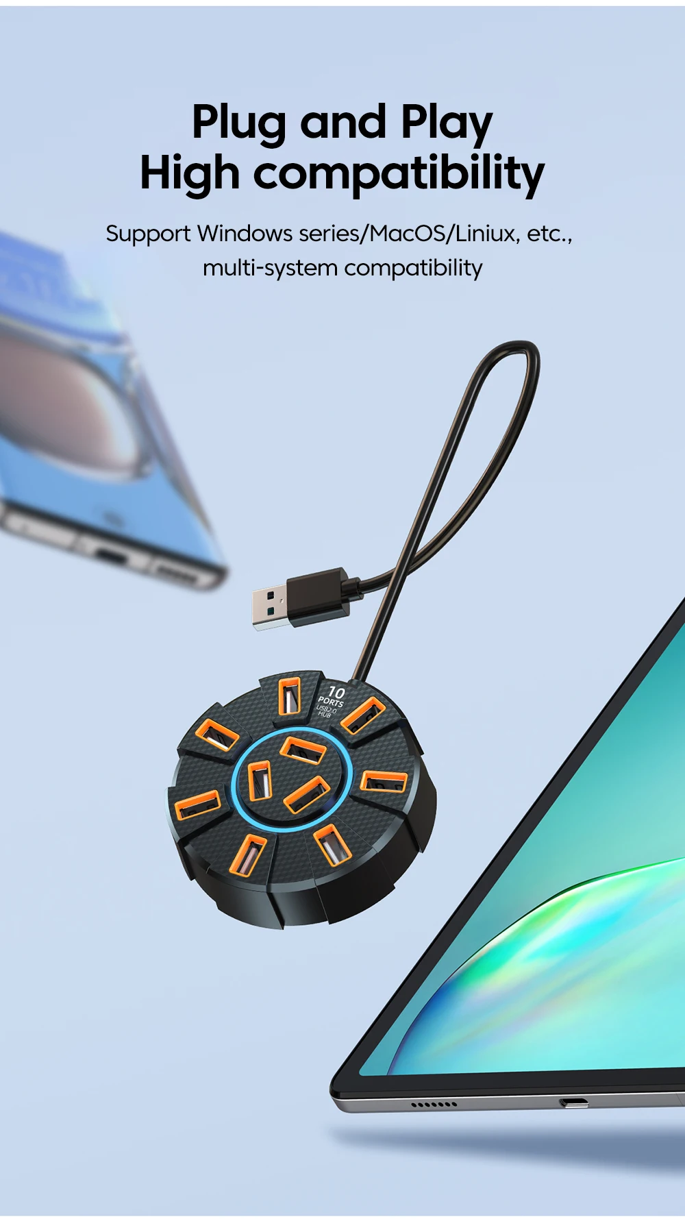 Adaptateur multi-répartiteur Hub USB 2.0, 10 Ports, 5Gbps, haute vitesse, adaptateur d\'alimentation, extenseur Multiple à 7 ports pour PC et ordinateur portable