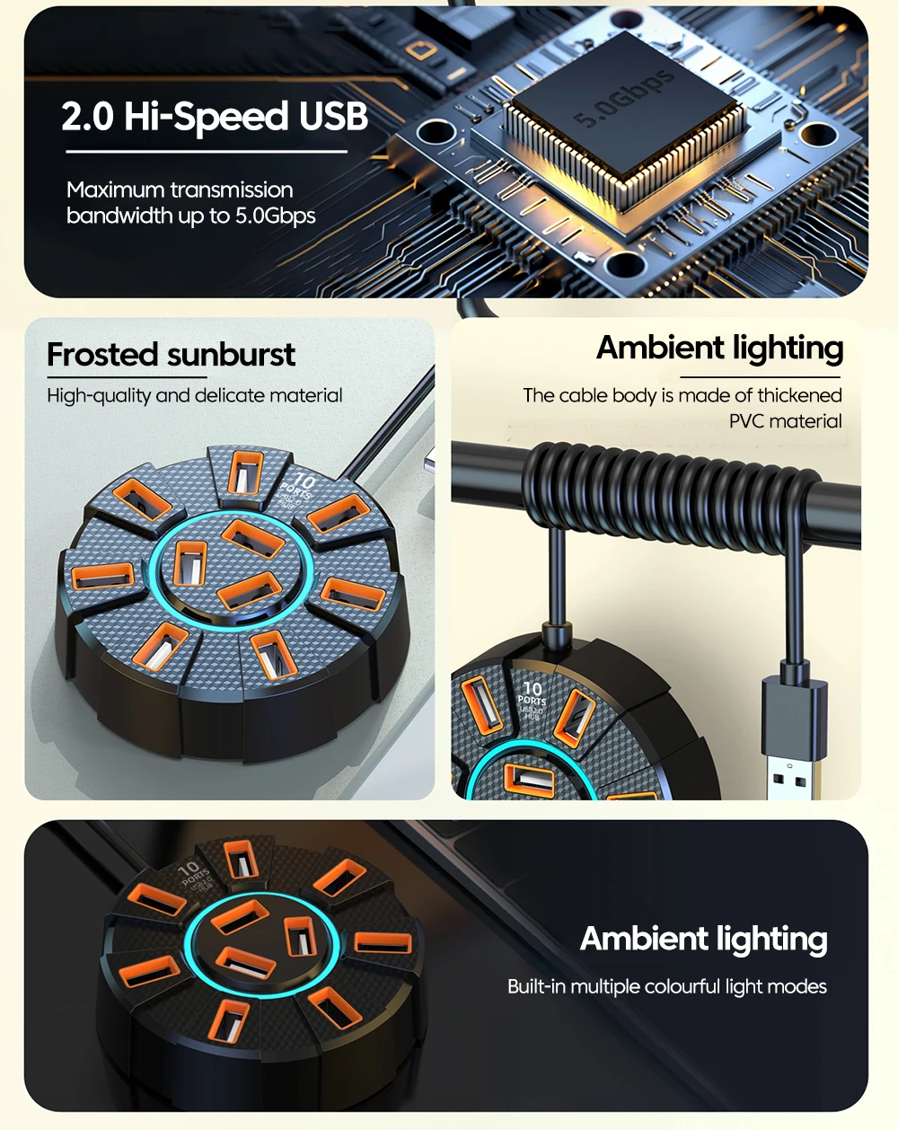 Adaptateur multi-répartiteur Hub USB 2.0, 10 Ports, 5Gbps, haute vitesse, adaptateur d'alimentation, extenseur Multiple à 7 ports pour PC et ordinateur portable
