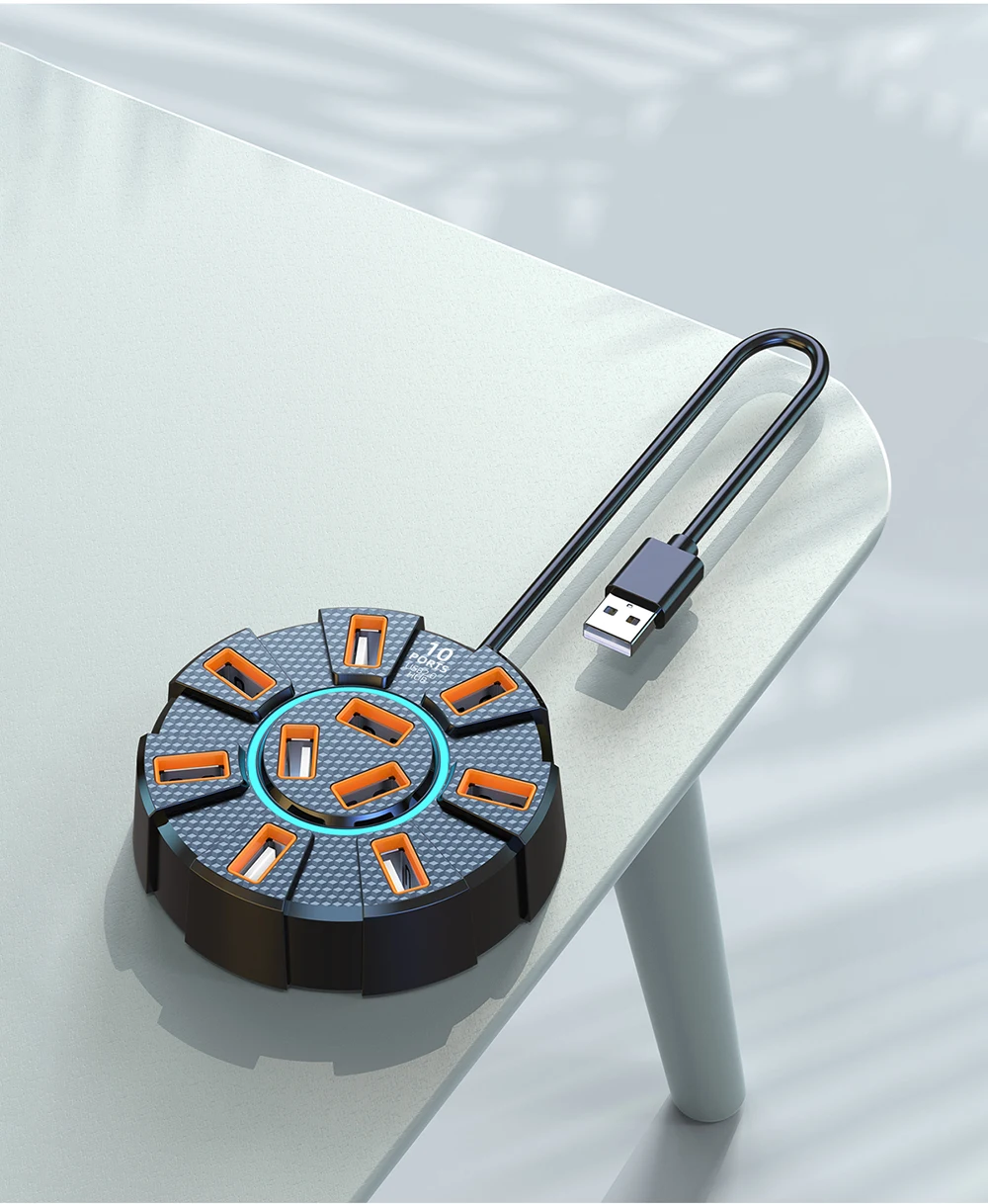 Adaptateur multi-répartiteur Hub USB 2.0, 10 Ports, 5Gbps, haute vitesse, adaptateur d\'alimentation, extenseur Multiple à 7 ports pour PC et ordinateur portable