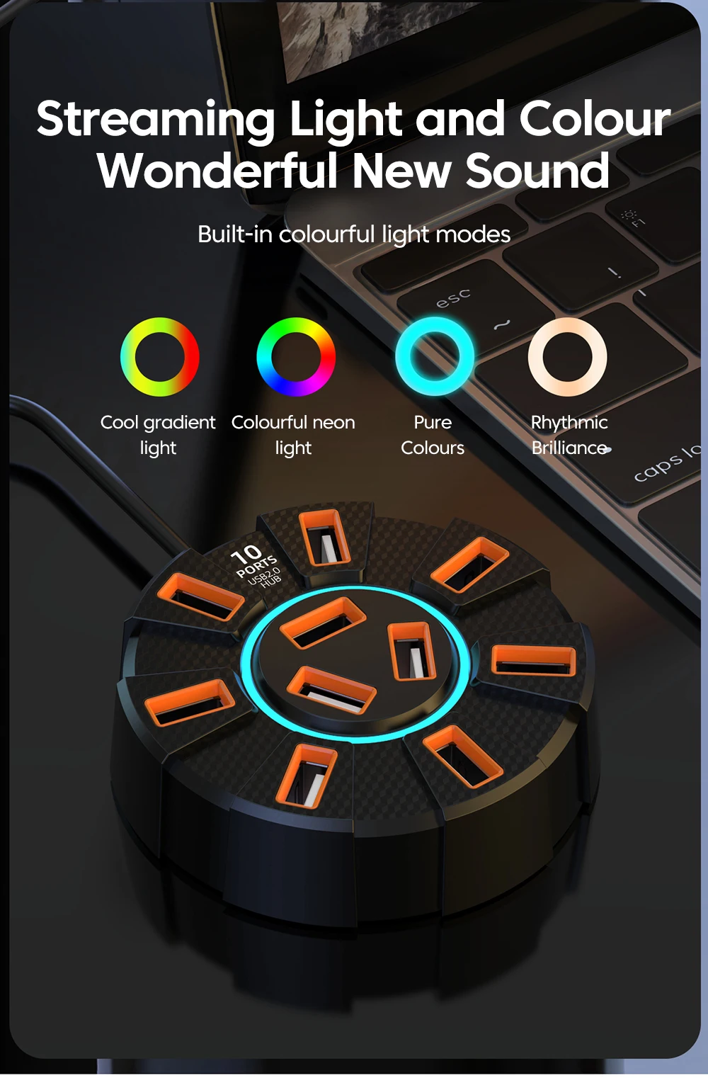 Adaptateur multi-répartiteur Hub USB 2.0, 10 Ports, 5Gbps, haute vitesse, adaptateur d\'alimentation, extenseur Multiple à 7 ports pour PC et ordinateur portable