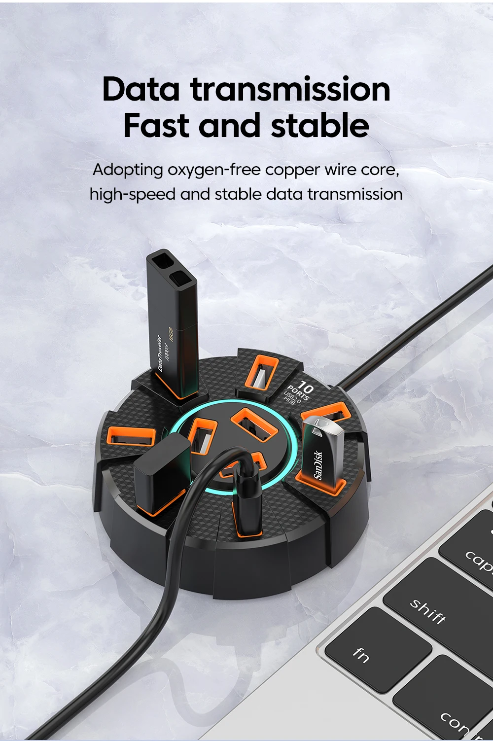 Adaptateur multi-répartiteur Hub USB 2.0, 10 Ports, 5Gbps, haute vitesse, adaptateur d\'alimentation, extenseur Multiple à 7 ports pour PC et ordinateur portable