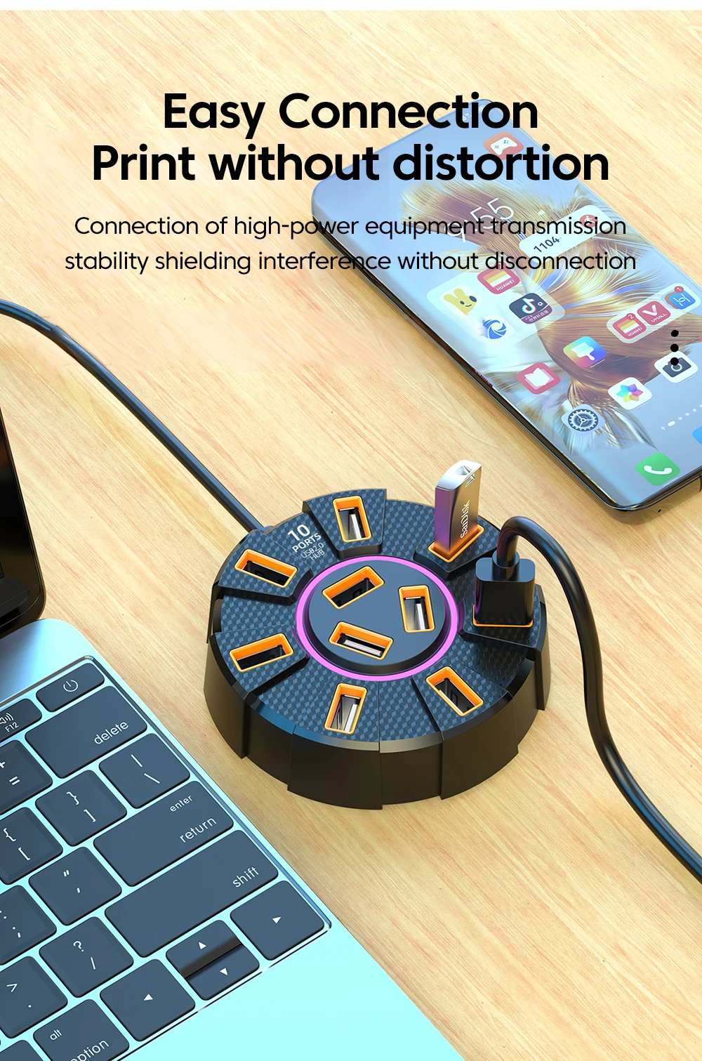 Adaptateur multi-répartiteur Hub USB 2.0, 10 Ports, 5Gbps, haute vitesse, adaptateur d\'alimentation, extenseur Multiple à 7 ports pour PC et ordinateur portable