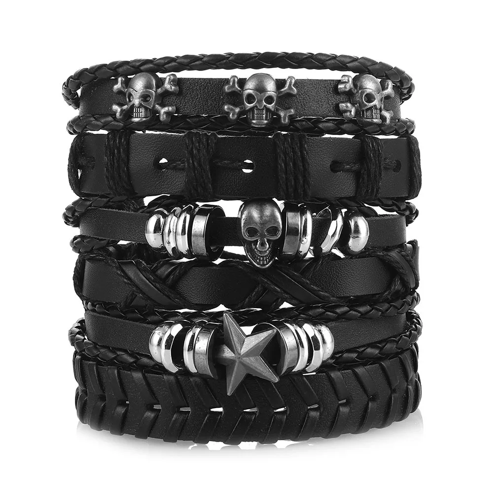 Bracelet Celtique Viking Celte Tête de Mort Simili Cuir Corde Tressée Métal Noir – Image 2