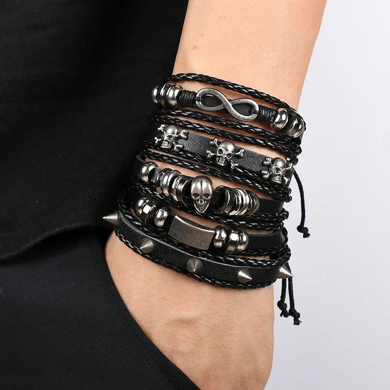 Bracelet Celtique Viking Celte Tête de Mort Simili Cuir Corde Tressée Métal Noir – Image 3