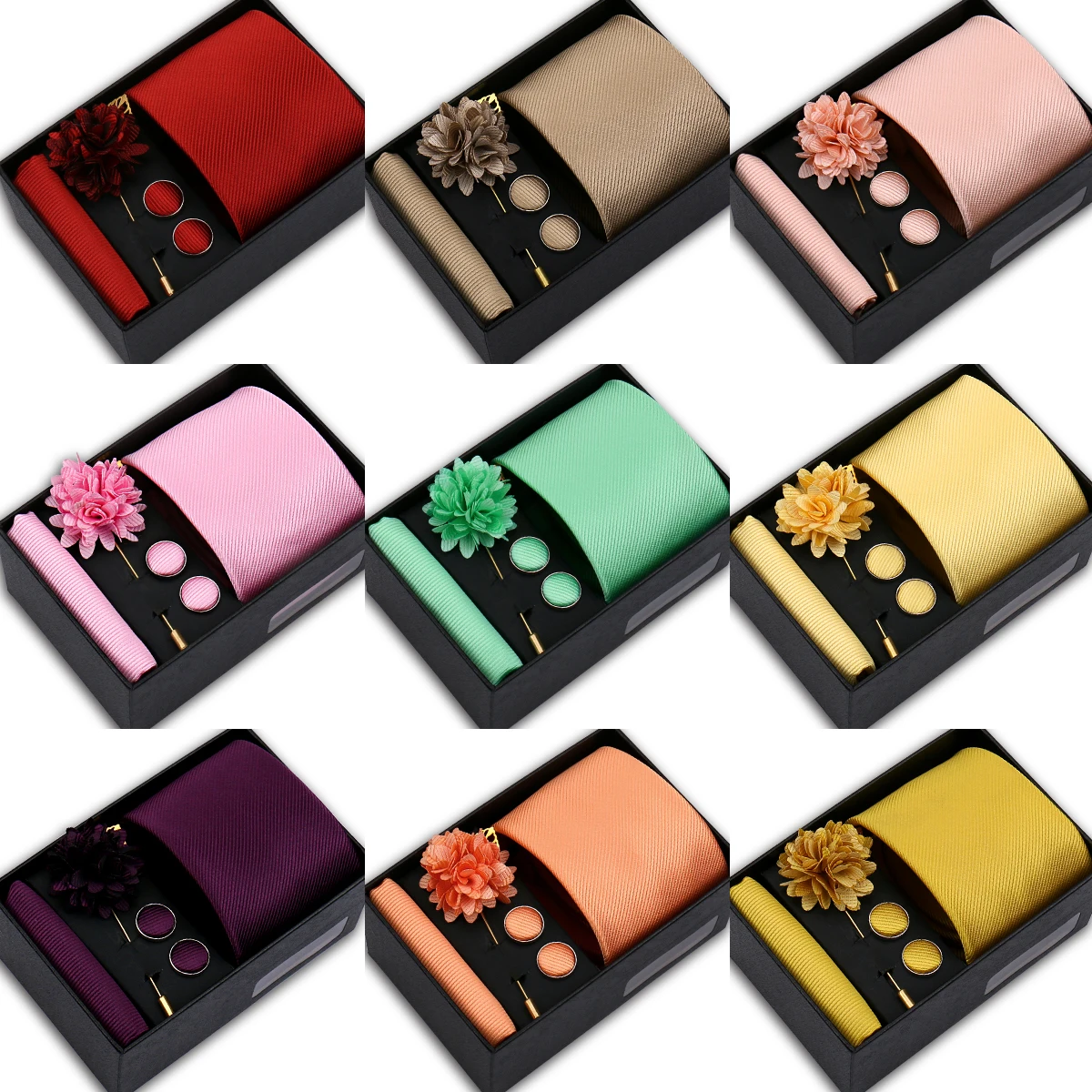 Cravate Homme Jacquard Mouchoir Bouton de Manchette Fleur Broche Mariage Boîte – Image 6