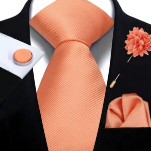 Cravate Homme Jacquard Mouchoir Bouton de Manchette Fleur Broche Orange Boîte
