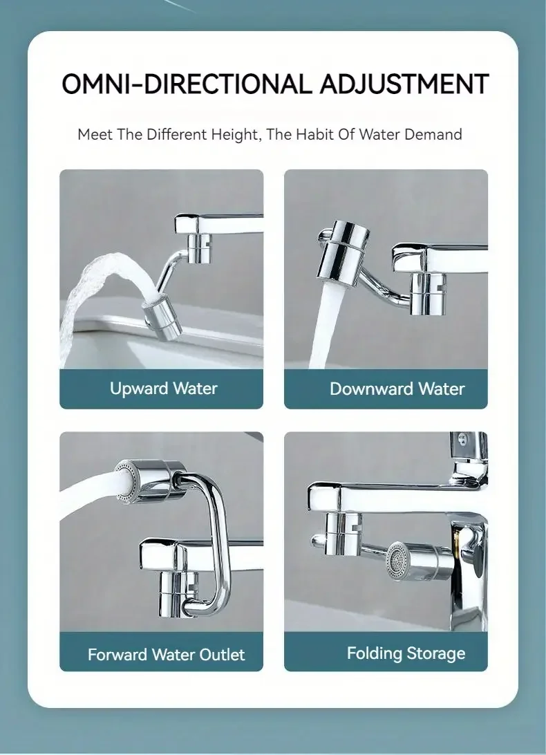1 pièce 1080 ° Extension de robinet pivotante en acier inoxydable, universel, résistant aux éclaboussures, double Mode de pulvérisation, accessoires d\'évier de salle de bains avec adaptateur