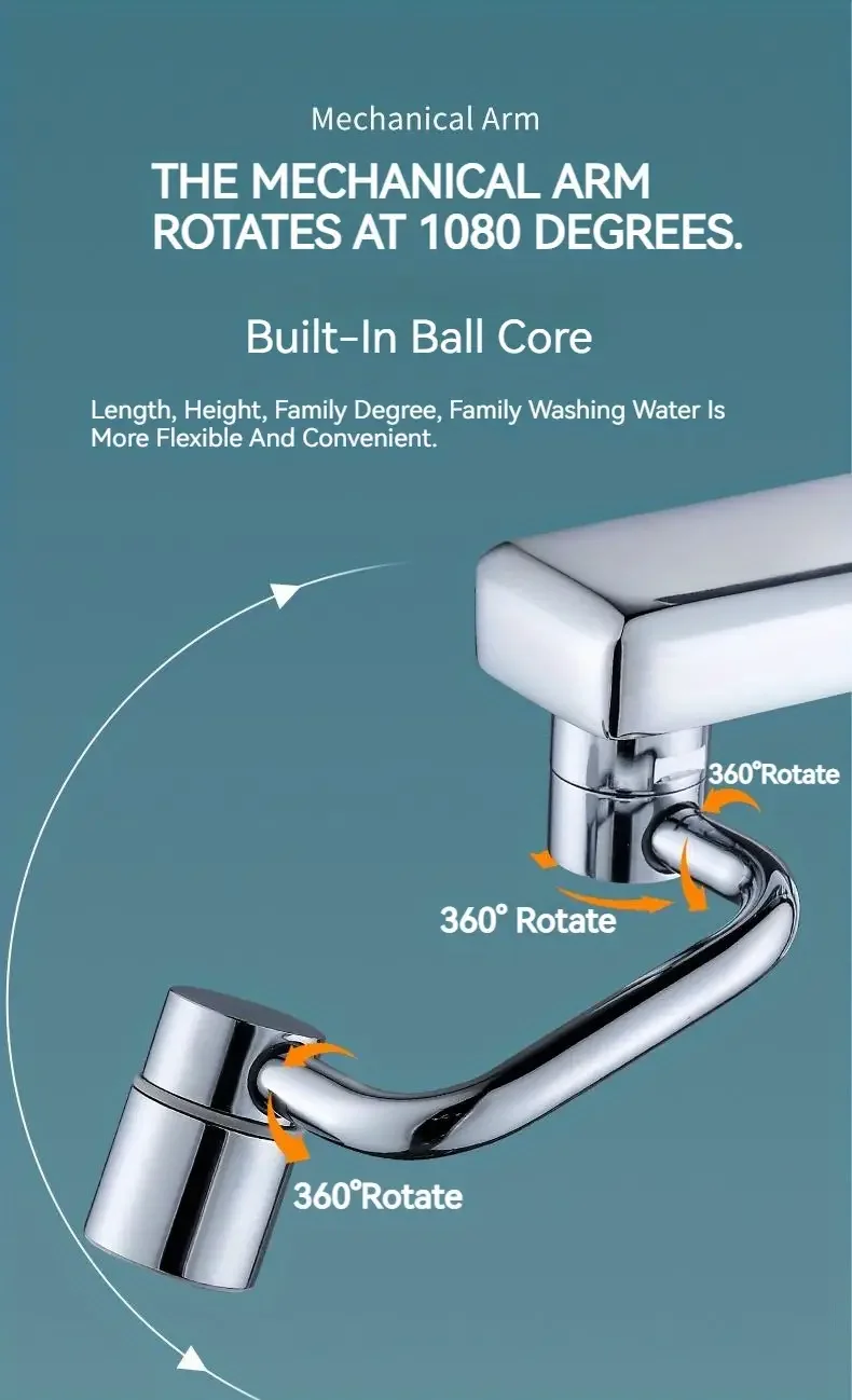 1 pièce 1080 ° Extension de robinet pivotante en acier inoxydable, universel, résistant aux éclaboussures, double Mode de pulvérisation, accessoires d\'évier de salle de bains avec adaptateur