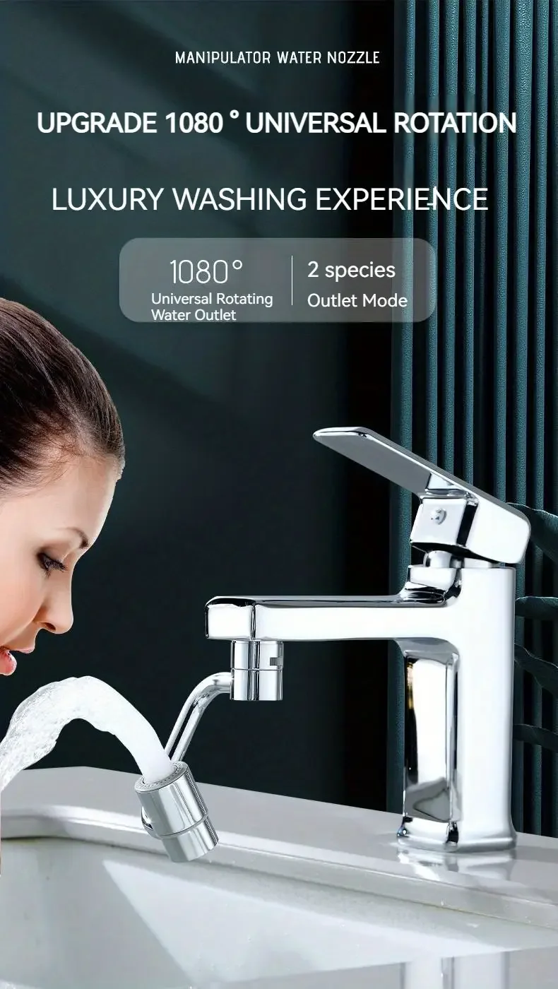1 pièce 1080 ° Extension de robinet pivotante en acier inoxydable, universel, résistant aux éclaboussures, double Mode de pulvérisation, accessoires d'évier de salle de bains avec adaptateur