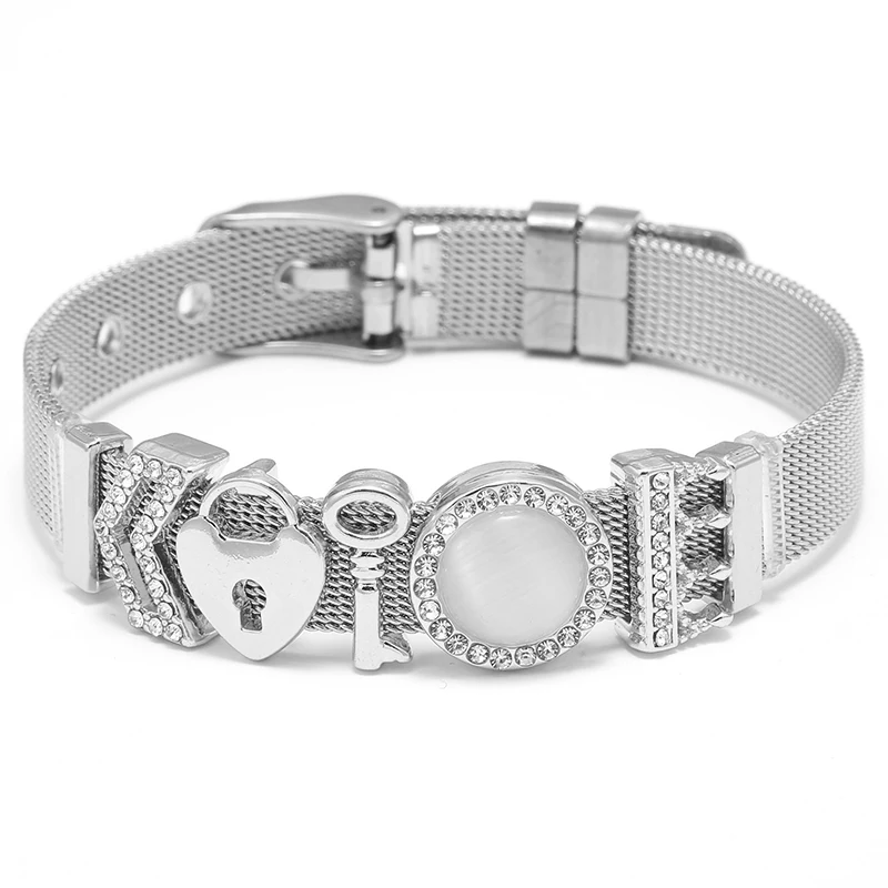 Bracelets en maille d\'acier inoxydable de haute qualité avec bricolage clé serrure perles boucle gardien Bracelets pour femme petit ami bijoux cadeau