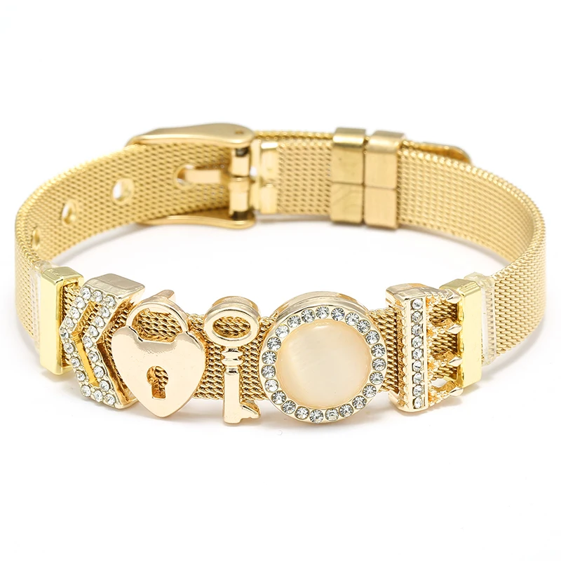 Bracelets en maille d\'acier inoxydable de haute qualité avec bricolage clé serrure perles boucle gardien Bracelets pour femme petit ami bijoux cadeau