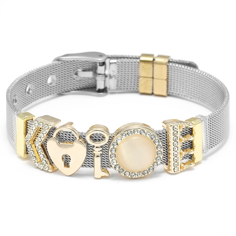 Bracelets en maille d\'acier inoxydable de haute qualité avec bricolage clé serrure perles boucle gardien Bracelets pour femme petit ami bijoux cadeau