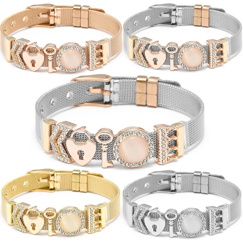 Bracelets en maille d'acier inoxydable de haute qualité avec bricolage clé serrure perles boucle gardien Bracelets pour femme petit ami bijoux cadeau